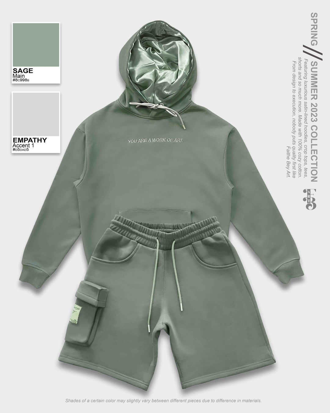 Sage Satin-Lined Pullover Hoodie & Shorts Set